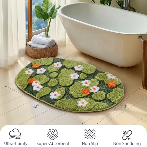 Green Floral Moss Bathroom Rug Bath Mat, Ultra Thick Soft 3D Aesthetic Decor Cute Tufted Bath Rugs, Non Slip Absorbent Washable Moss Carpet for Shower Floor Sink Bedroom, 20x32 Inch