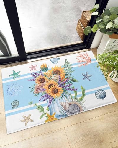 Indoor Doormat Summer Sunflower Ocean Starfish,Shaggy Floor Mat with Non-Skid Backing Marine Life Coral Shell,Machine Washable Plush Area Rug Carpets for Kitchen Nursery Bedroom