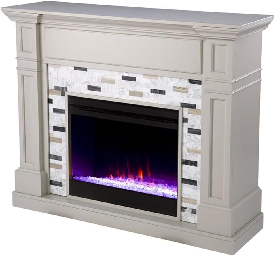 Pemberly Row Contemporary Wood Color Changing Electric Fireplace in Gray