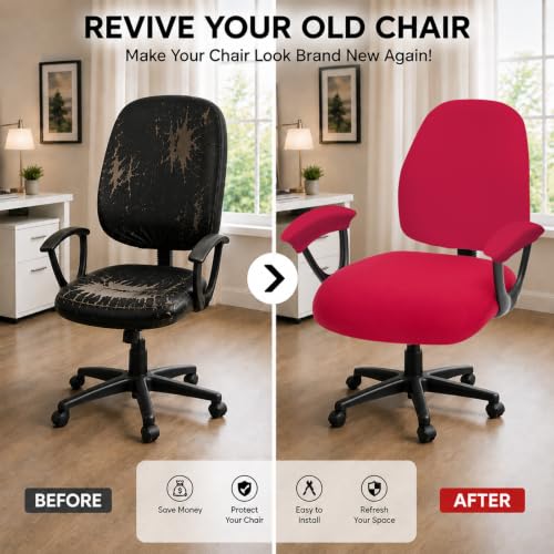 Image of Stretchable Office Chair Seat Covers - Universal Stretch Computer Chair Slipcover - 180GSM Washable Rotating Backrest Coverings & Cushion Protectors & Armrest Covers for Dogs, Cats, Pets, Red