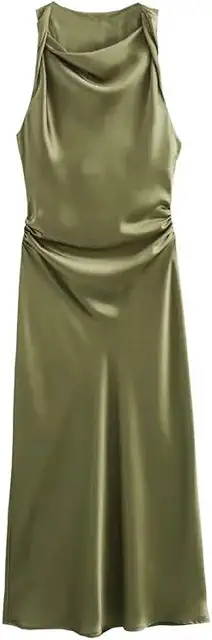 Green Satin Dress: Elegant Ruffle Summer Party Slim Sleeveless