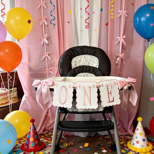 Image of Pink and White Bow ONE High Chair Banner for Girl First Birthday High Chair Banner Sweet One Pink Bow 1st Birthday Decorations