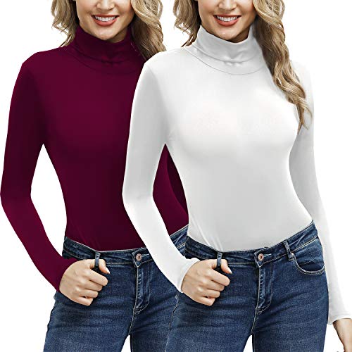 2 Packs Women Long Sleeve Black Mock Turtleneck Pullover Stretch Slim Layer Top (Wine Red and White, S)