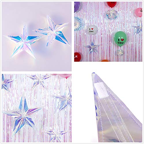 Image of Iridescent Ornament Star Hanging Decorations, Clear Foil Decorative Folding Decor, Rainbow Shine Party Ornaments for Bridal Shower Wedding Birthday Frozen Theme Party Decorations