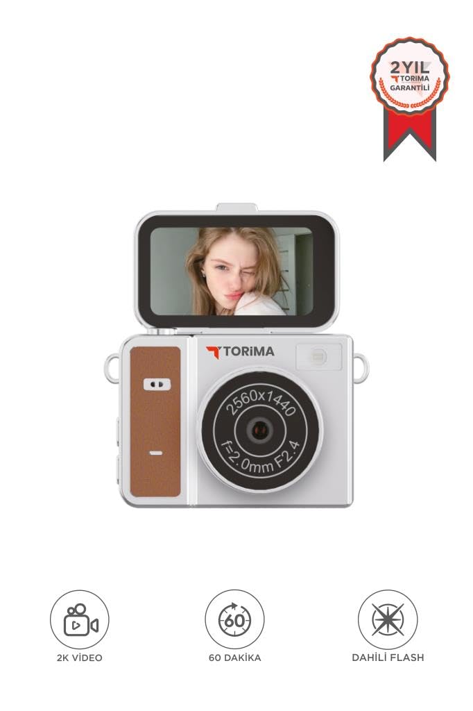 Torima Mini Dijital Kamera 2K Flip Ekranlı Selfie Video Vlog Kamerası CMR46 Kahverengi