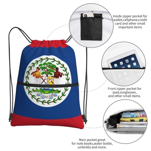Belize Flag Drawstring Zipper Backpack - Versatile, Durable, And Stylish Design For Everyday Use, Black4
