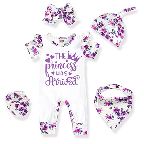 Image of GRNSHTS Newborn Baby Girl Romper Floral Print Jumpsuit+Hat+Headband+Gloves+Bibs Coming Home Clothes Outfits