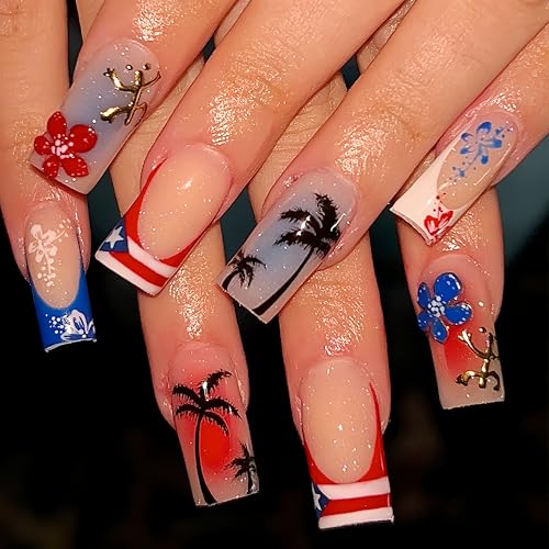 24Pcs Independence Day Press on Nails Medium Long Square Fake Nails with USA Flag French Tips Designs Nails Colorful Flower Summer 4th of July Coconut Trees Glue on Nails for Women Decoration