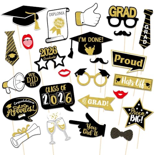 25Pcs Graduation Photo Booth Props Class of 2026 Grad Photo Props Black and Gold Graduation Decorations for Grad Party Favors Supplies