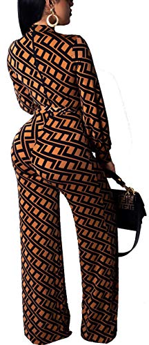 Women Sexy Jumpsuits Casual Turtleneck Long Sleeve Stripes Stretchable Bandage Wide Leg Long Pants Rompers Party Club Brown