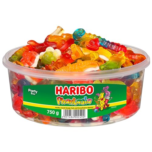 HARIBO Phantasia Fruchtgummi Box – 750g Weingummi-Mischung mit Dinosauriern, Cola-Fläschchen, Flugzeugen u. v. m. – Bunte Gummibärchen für Kinder & Erwachsene – Partybox