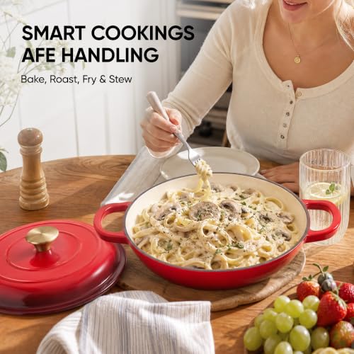 Image of Dutch Oven Enameled Cast Iron with Lid - Big Dual Handles - Oven Safe up to 500F - Classic Round Pot for Versatile Cooking 3 QT Shallow Pot Red