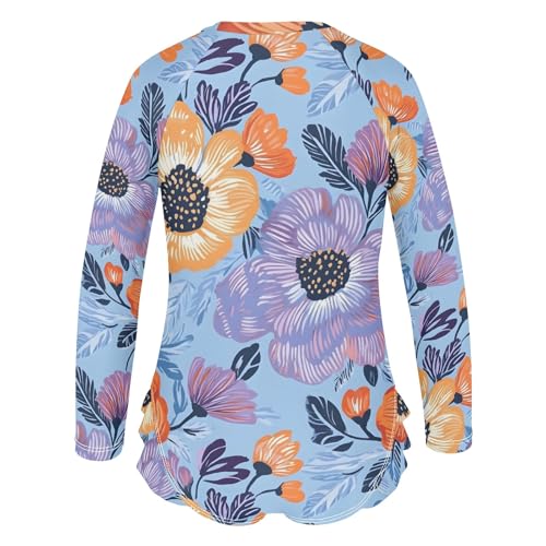 CHIFIGNO Girls One Piece Swimsuit Quick Dry Rashguard Zipper Swimwear, Orange Purple Flowers Blue 3T3