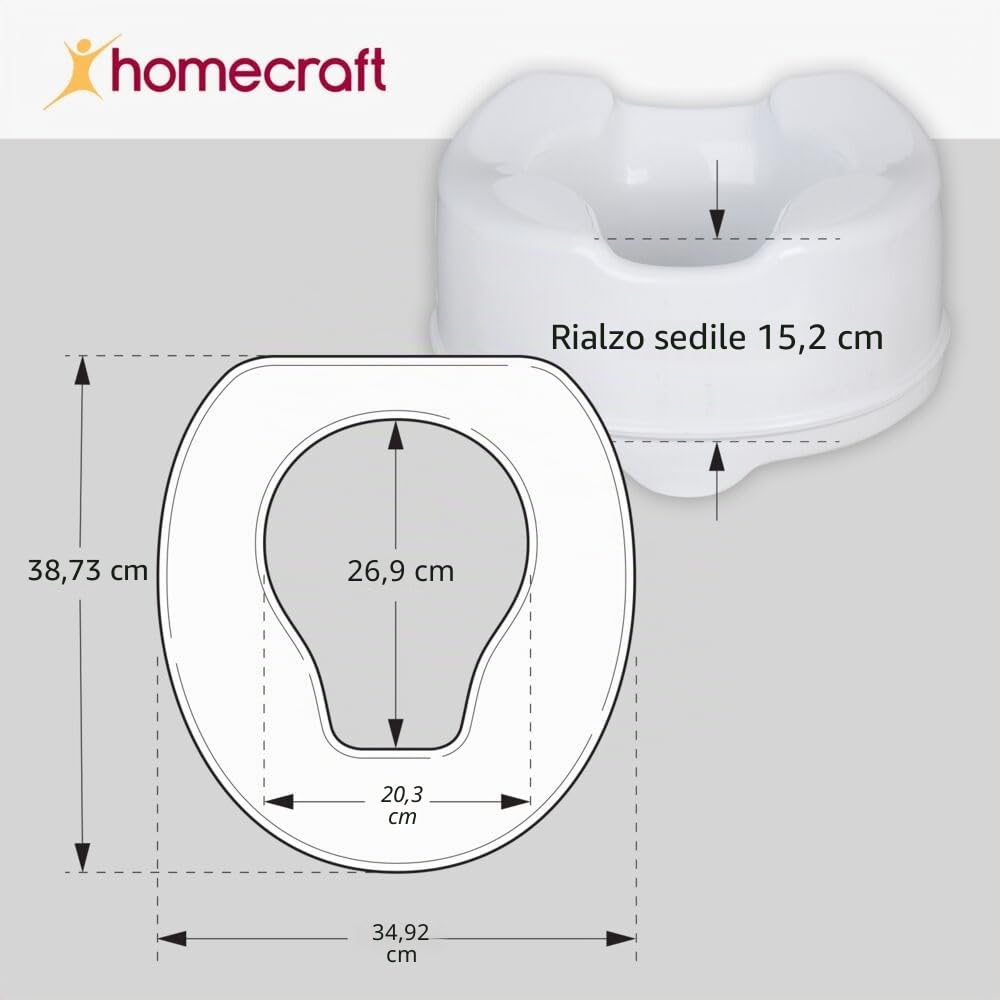 Homecraft Sedile WC rialzato Savanah senza coperchio, supporto allungato e rialzato per anziani, disabili e utenti disabili, colore bianco, 150 mm (6")