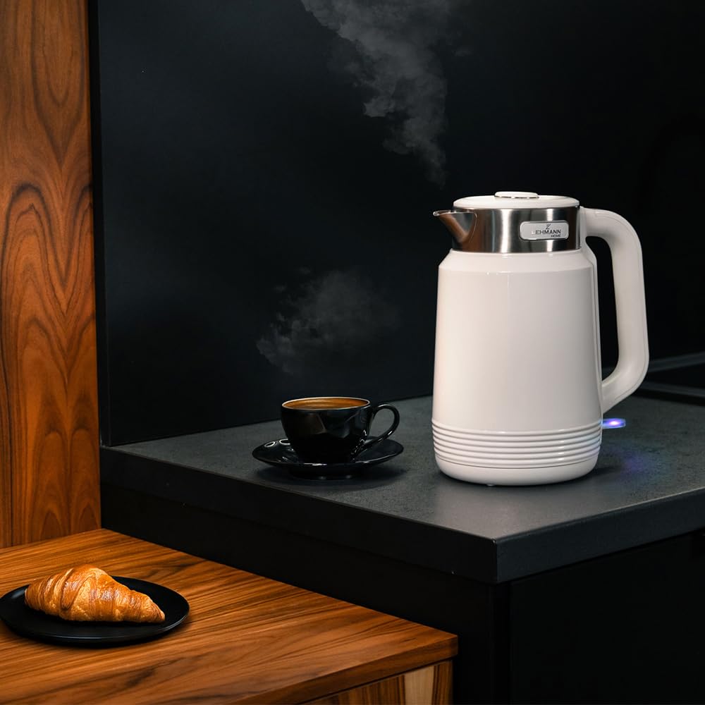 LEHMANN Bollitore Elettrico in Acciaio Inox, 2 L, 2200 W, Riscaldamento Rapido, Doppia Parete, Base Girevole 360°, Spegnimento Automatico, BPA‑free, ideale per Famiglie e Uffici, Bianco