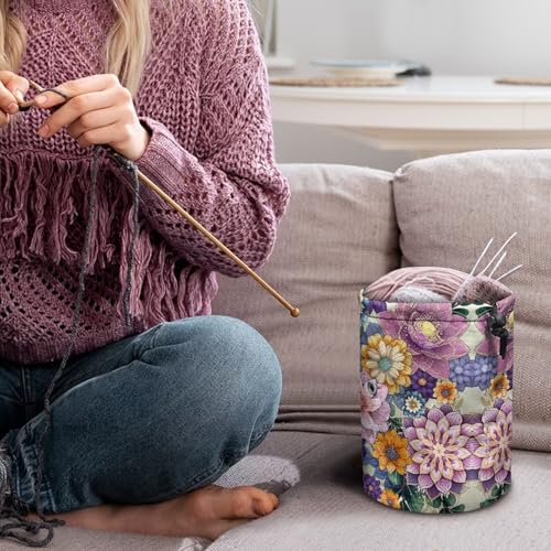 Image of Sellikakes Crochet Organizer Yarn Holder, Bohemian Flowers Portable Knitting Bag Crochet Storage Bag Store Crocheting Supplies Needles Skein Balls Sewing Accessories