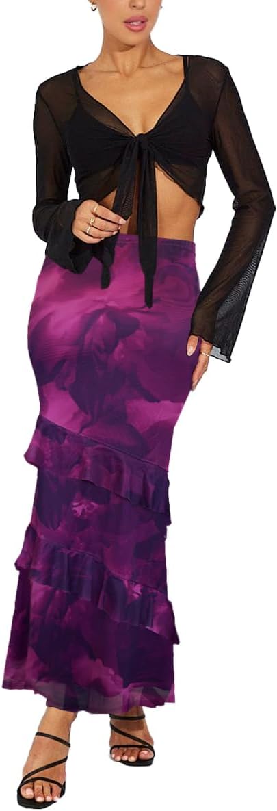 SEBOWEL Women Floral Mesh Long Skirt Tiered Sheer See Through Skirt Bohemian Boho High Waist Bodycon Mesh Ruffle Maxi Skirt - Image 6