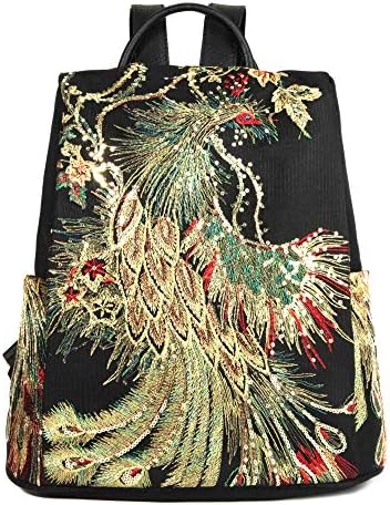 Glitter Embroidery Women Backpack Purse, Fashion Canvas Travel Anti-theft Rucksack School Shoulder Bag (Black) One_Size