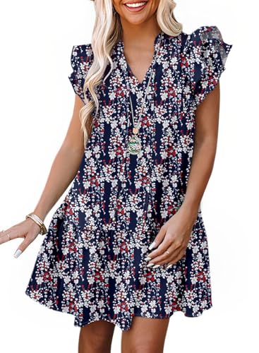 Image of Dokotoo Womens Summer Dresses 2026 V-Neck Drawstring Ruffle Cap Short Sleeve Side Pockets Mini Dress Sundress