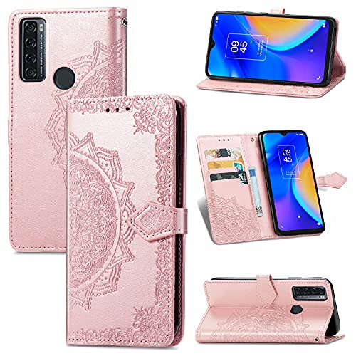 Ranyi for Tracfone TCL 4X 5G T601DL Case, Mandala Flower Pattern Leather Wallet Case with Credit Card Holder Slots Kickstand Flip Folio Magnetic Wallet Case for Tracfone TCL 4X 5G T601DL -Rose Gold