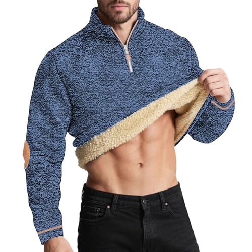UHouse Herren Sweatshirt Gefüttert Winter Fleece Pullover mit Zip Dicke Sweatshirts Warm Arbeitspullover Stehkragen Winterpullover Freizeit Wollpullover Einfarbig Fleecepullover Pulli Marine L