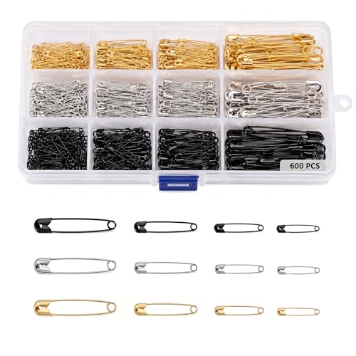 600 Épingles à nourrice Noires, Or et Argent - Kit Épingles de sûreté Multi-Tailles 19-38mm - Pointes Fines pour Couture et Tissu délicat - Boîtier de...