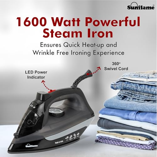 Image of Sunflame 1600 Watt Steam Iron with German Weilburger Non-Stick Coating | Large 220 ml Water Tank | High Steaming Rate I Self Cleaning | Vertical and Horizontal Ironing | 2 Year Warranty by Sunflame