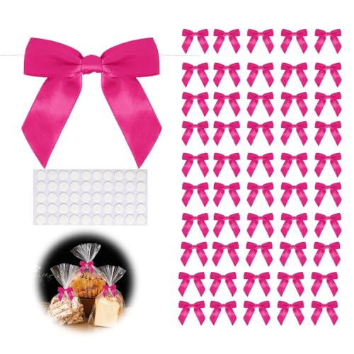 50pcs Hot Pink Twist Tie Bows 3.5 Satin Ribbon Pre Tied Hot Pink Bow for Gifts Wrapping Treat Bags Candy Card Mini Ribbon Bows for Crafts Wedding Bridal Baby Shower Birthday Mothers Day Bouquet