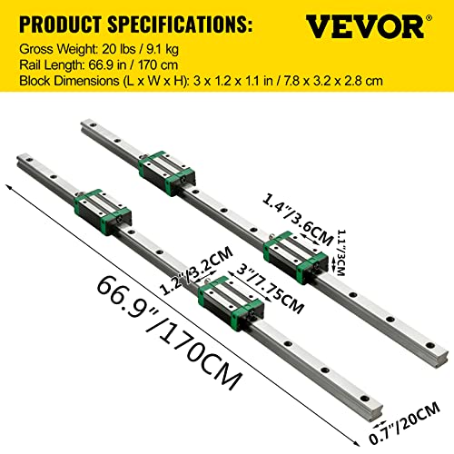 Image of VEVOR 2PCS Linear Rail 0.79-67 Inch, Linear Bearings and Rails with 4PCS HSR20 Bearing Block, Linear Motion Slide Rails Plus for DIY CNC Routers Lathes Mills, Linear Slide Kit fit X Y Z Axis | Linear Rail Slide HGR20-1700mm