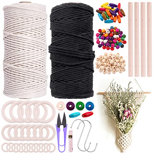 Mardatt 134 Pcs Macrame Kit with 218 Yards 3mm White& Black Macrame Cord