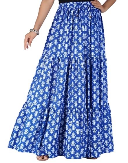 Women's Blue Floral Block Print Tiered Maxi Skirt-picture-21