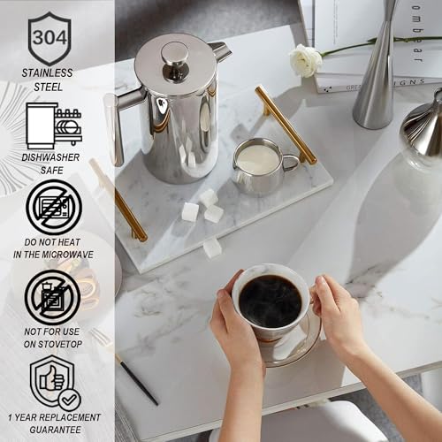 Image of Small French Press Stainless Steel Coffee Maker 21oz(3 Cups), Double Wall Insulated for Hot& Cold Brew, Compact Coffee& Tea Press for Camping, Office, Travel with 3 Ultra-Fine Filters & Spoon- Silver