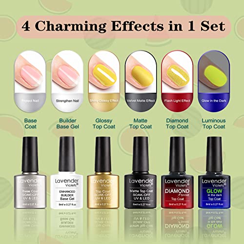 Lavender Violets 42 Pcs Gel Nail Polish Kit Set With 36 Colors Coat, 6 Bottles Of Base Top Coat, Glossy Matte Diamond Shine Glow In The Dark Top Coat And Builder Gel For Nail Art C514 #TOP6