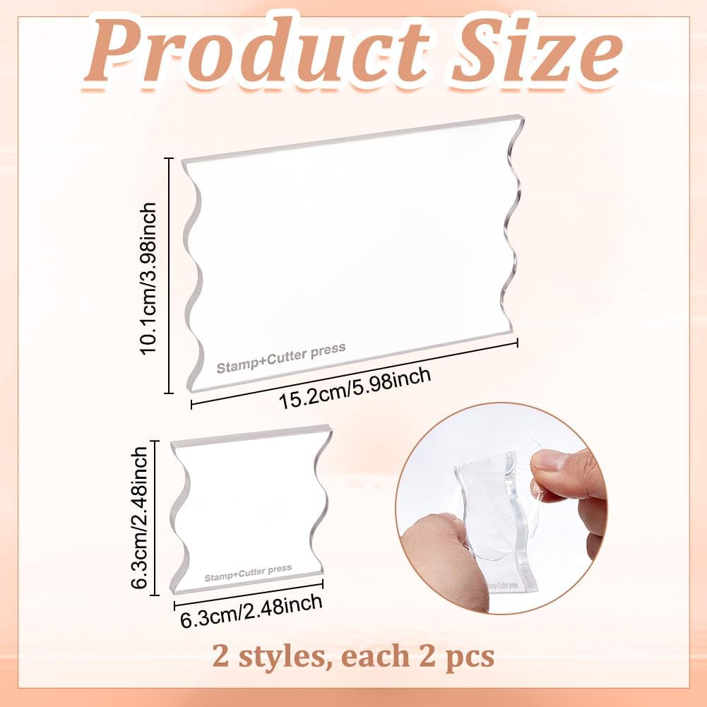 INFUNLY 4PCS Acrylic Stamp Block Clear Stamp Cutter Pressing Block 6x4 Inch Handcraft Wave Curved Stamping Tools Set Pressing Craft Tools for Family DIY Ceramics Supplies 6 MM Thick