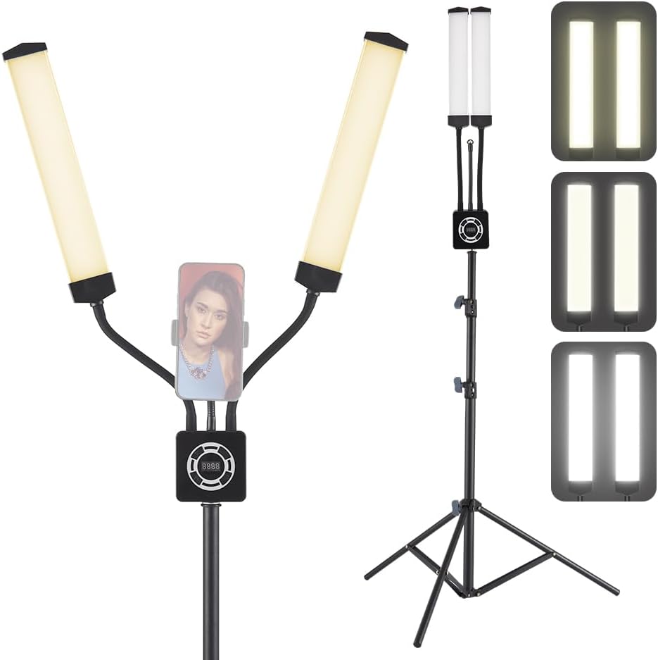 50W LED Light Set, 3200K-5600K Dual Arm Filling LED, Studio Lighting Clip for Phone, Tripod and Remote Control for Photography Accessories Makeup Eyelashes Eyebrows Tattoos