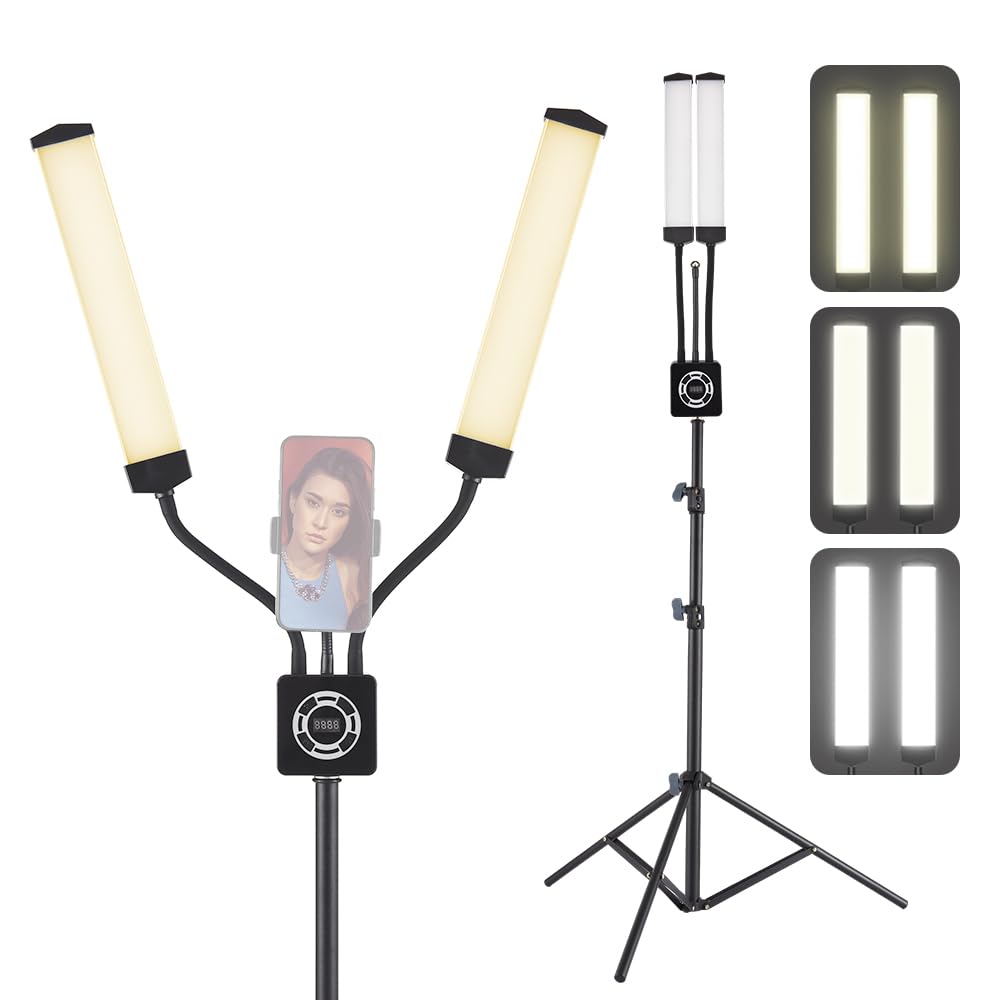 Andoer Set di luci LED 50 W, 3200 K-5600 K, doppio braccio riempimento LED, illuminazione studio, clip telefono, treppiede, telecomando