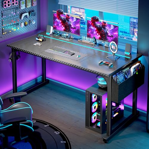Image of DurayLoly 55 inch Carbon Fiber Gaming Desk, IP65 RGB LED Computer Desk with Side Storage Bag & Headphone Hook, Sturdy Metal Frame Space Saving Home Office Desk for Teens Bedroom Dorm Study Gaming Room