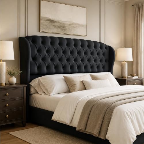 Image of AMERLIFE Full /Queen Headboard Only, Velvet Upholstered Wingback, Black