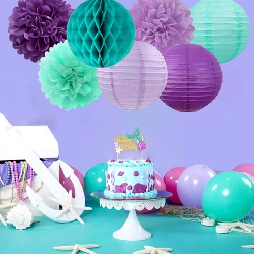 Image of Teal-purple Lavender Girl Mermaid-birthday Party-decorations - 21pcs Happy Banner,Under The Sea Ocean Paper Lanterns Honeycomb Streamers,Tissue Pom Poms Flower Fan,Classroom Hanging Decor Huglony