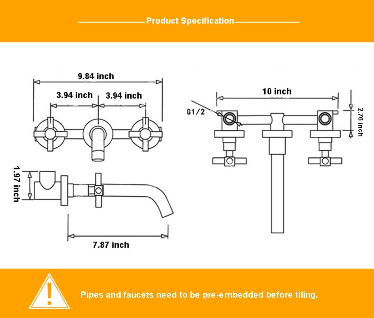 Wall Mounted Black 2-Handle Shower Faucet, 208mm Reach, Drip-Free Ceramic Disc Cartridge System