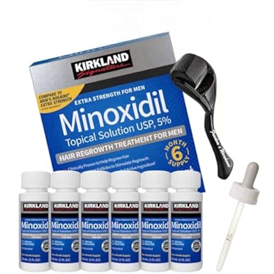 6 Pack Kirkland Minoxidil for Men Hair Regrowth Treatment, Liquid Extra Strength 5% Topical Solution, 6 Months Supply - Dropper Applicator and Microneedle Roller Included - Minoxidil Kirkland