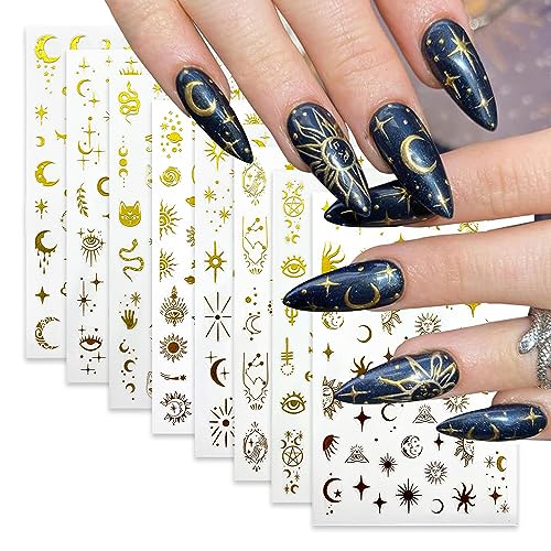 8 Sheets Gold Star Moon Nail Art Stickers Decals Snake Sun Eye Nail Stickers 3D Self Adhesive Nail Decals Design Various Patterns Nail Art Decals for Women DIY Manicure Decoration Supplies