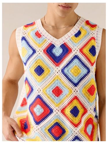 Men's Striped Crochet Sweater Vest Hollow Out V Neck Sleeveless Knit Top Summer Vintage Beach Vacation Tops4