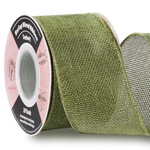 Burlap Wired Ribbon 2-1/2 Inch x 10 Yards Solid Wired Edge Ribbon for Big Bows, Wreaths, Outdoor Decoration, Gift Wrapping, Fall Crafts, Flower Bouquets, Garland (Spring Moss)
