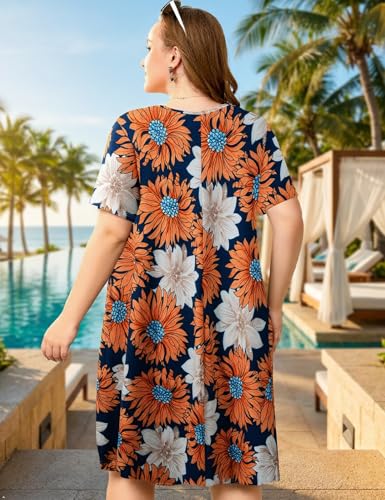 Image of OVERWORETY Womens Short Sleeve Plus Size T-Shirt Dress V Neck Casual Loose Swing A-Line Summer Tunic Dresses with Pockets