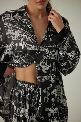 Image of Women Floral Satin Pajamas Long Sleeve Button Shirt Silk Wide Leg Pants Set