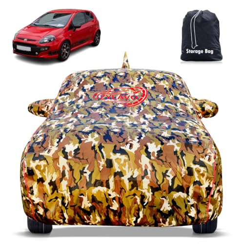 Image of Premium Car Cover for Fiat Punto Evo Model | Waterproof, UV & Dust Protection | Mirror & Antenna Pocket | Triple Stitched, Soft Inner Lining, Belt & Buckle (Jungle Print)