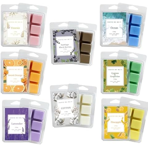 BINYUAN Scented Wax Melts, Soy Wax Melts Gift Set, Wax Cubes/Tarts for Warmer - Lavender/Santiago Black Berries/Glass/Freesia/Cypress&Vines/Cotton/Sweet Orange/Marine Cover