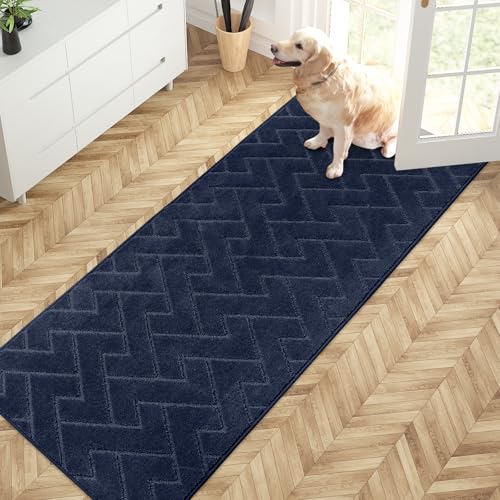 PURRUGS Dirt Trapping Door Mat 32" x 70", Non-Slip Machine Washable Entry Rug, Shoe Scraper, Dog Doormat, Super Absorbent Welcome Mat for Front & Back Door, Muddy Wet Shoes & Paws, Navy Blue
