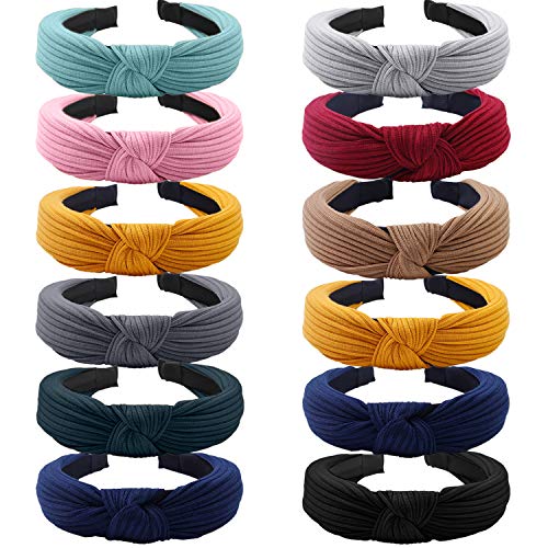 Tupa 12 Pieces Wide Plain Headbands Elastic Knot Turban Headband Twist Knot Hair Band for Women and Girls, 10 Colors (Mixed 10 colors a)